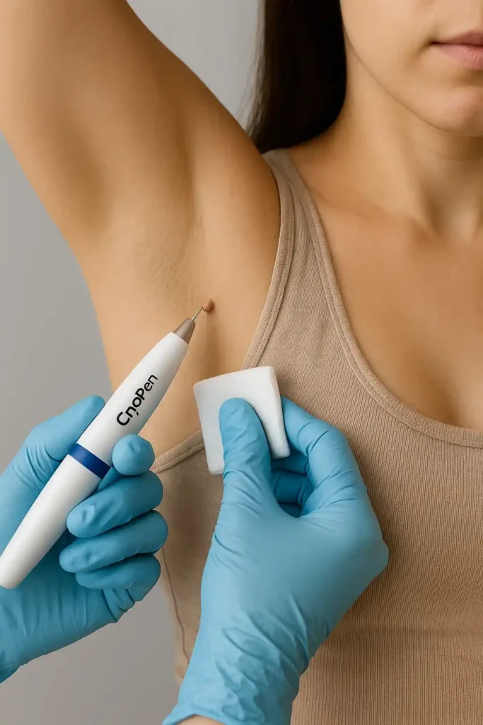 woman having cryopen to remove underarm skin tags Blackpool