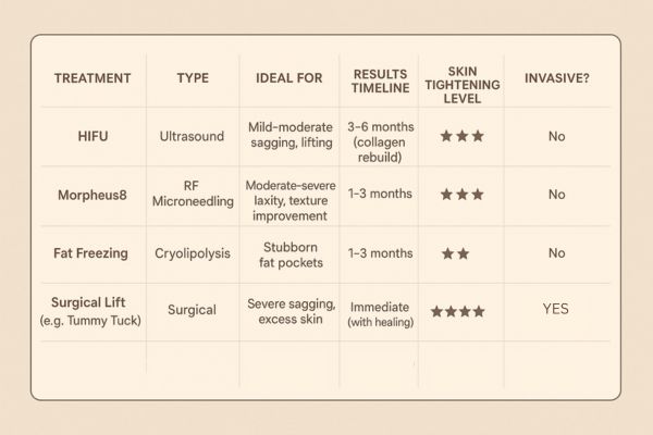 Table showing the comparisons of Skin tightening Blackpool treatment options.